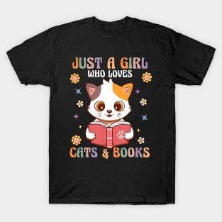 Retro Groovy Just A Girl Who Loves Books And Cats Book Lover T-Shirt